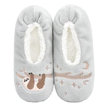 Imagem de DICUIRD Meias femininas aconchegantes e quentes de sola macia com aderência, forro de lã felpuda, chinelos de casa com parte inferior antiderrapante, Preguiça cinza, 5-7.5