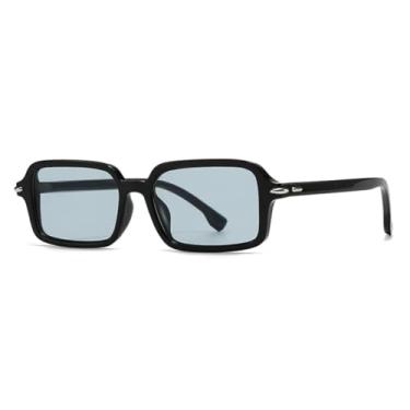 Imagem de Óculos de sol retangulares com rebites retrô, óculos de sol femininos, proteção UV400, armação de lentes transparentes, moda masculina (preto, azul claro)