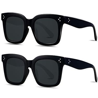 Imagem de ANDWOOD Óculos de sol grandes para mulheres, grande, quadrado, armação ampla, retrô, moderno, moderno, proteção UV, (Pacote com 2) preto + preto fosco, Large