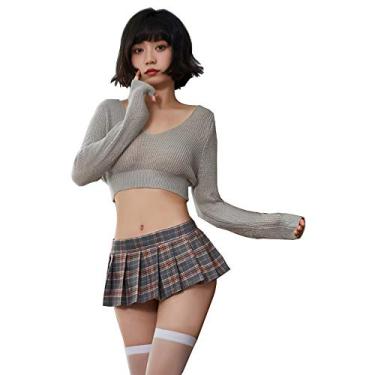 Imagem de SINMIUANIME Lingerie sexy plissada saia curta JK uniforme estudantil suéter sexy cosplay conjunto lingerie, Cinza, Free size