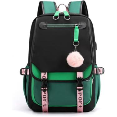 Imagem de Mochila Para Meninas Mochila Casual De Nylon à Prova D'água Para Crianças Mochila De Escola Primária, Black+green