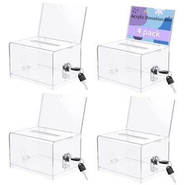 Imagem de VZZNN Pacote com 4 recipientes de doação de acrílico transparente com trava e suporte de placa, urna de 15 x 11 x 9 cm, caixa de bilhetes de sorteio, dica e coleção de sugestões para arrecadação de