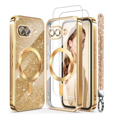 Imagem de DagoRoo Capa magnética para Google Pixel 9A + 2 películas protetoras de tela, borda dourada banhada de luxo [cartão de glitter e alça de pulso] para meninas e mulheres, fina, transparente