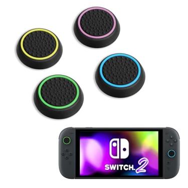 Imagem de DLseego 4 Pegas de polegar projetadas para Nintendo Switch 2 (2025), silicone macio Joycon controle analógico capa protetora antiderrapante botão Joy Con Joystick Caps Covers, círculo - preto