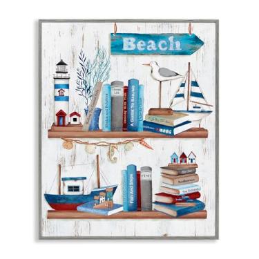 Imagem de Stupell Industries Arte giclée emoldurada cinza Nautical Books on Shelf com design de Emma Leach, 14 x 11