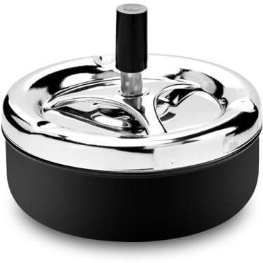 Imagem de BEAUGIREW Cinzeiro push down com bandeja giratória cinzeiro de metal para cigarro moderno ao ar livre com tampa à prova de vento grande 5,2 polegadas para uso interno ou externo (Preto)
