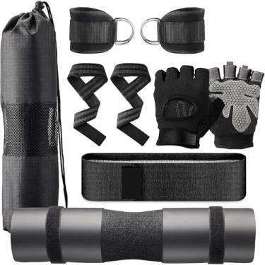 Imagem de rockible Conjunto de almofadas para agachamento com barra, faixa de resistência, espuma grossa, almofadas portáteis para agachamento, 2 tiras de tornozelo para, Preto