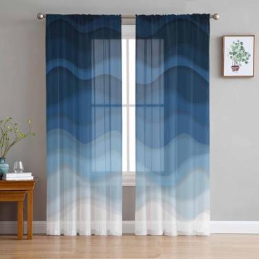 Imagem de Conjunto de 2 painéis de cortinas transparentes oceano azul 153 cm de comprimento para sala de estar/quarto, litoral mar moiré, arte abstrata, ombré, semi cortina, cortinas, cortinas com bolso para