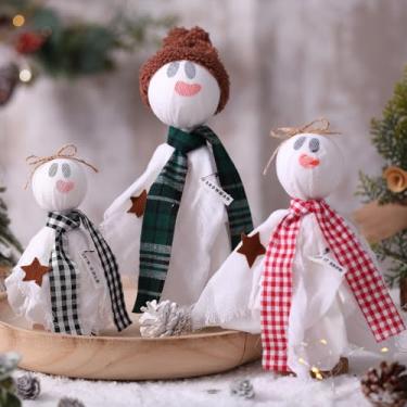 Imagem de SmoothNovelty 3 peças de decoração de mesa de boneco de neve de Natal, decoração de mesa de tecido de boneco de neve de inverno com suporte de madeira para mesa de centro de mesa de Natal para