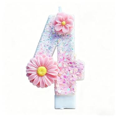 Imagem de Ayracat Velas de aniversário para bolo, 4ª vela de aniversário de flor rosa para decoração de festa, número 4