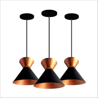 Imagem de Kit 3 Lustres Pendentes Luxo Rainha Preto Com Cobre Bicolor