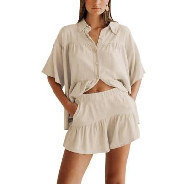 Imagem de Camisa feminina Outfit Qiaomai de 2 peças com babados e shorts de cint