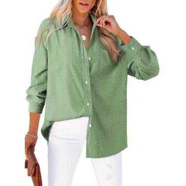Imagem de Camisa feminina elegante, grande, listrada, com decote em V, verde cla