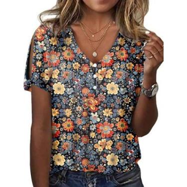 Imagem de Blusas HOTYD Boho com estampa floral de manga curta de verão para mulh