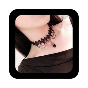 Imagem de Iaceble Colar gargantilha de renda gótica, colar de gema de renda preta, vintage, pingente de cristal preto, colar de festa de Halloween para mulheres e meninas (B)