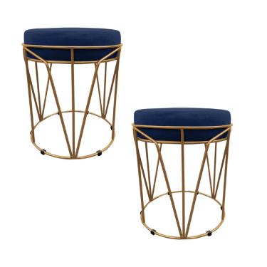 Imagem de Kit 02 Puffs Babu Suede Azul Marinho Base Dourado D03 - D'Rossi