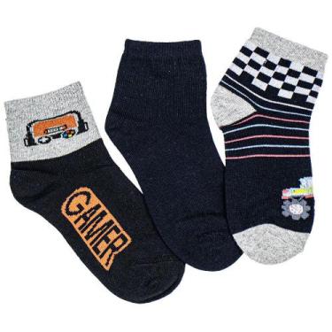 Imagem de Kit com 3 pares de meias cano curto infantil hoahi h021219, Preto, Cin