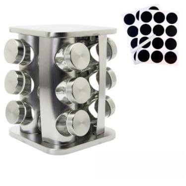 Imagem de Porta Temperos Giratório 12,16,20 Potes – Vidro com Tampa Vedação, Base Inox e Caneta Marcadora (Porta Tempero 12 Quadrado Inox)