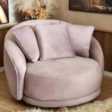 Imagem de Poltrona Ayla Fixa Pés de Madeira Veludo Rose Redonda, Almofadas, Orgânico
