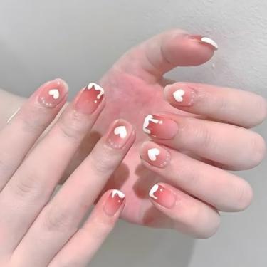 Imagem de Unhas de pressão curtas quadradas ombré nude rosa com cola falsa com design simples de coração, pérolas, cobertura total, bastão falso artificial em unha de acrílico para mulheres, uso diário, 24