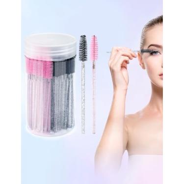 Imagem de 100 pincéis de cílios, varinhas de rímel descartáveis ajustáveis, carretel de cílios de cristal, pincel de sobrancelha com recipiente para maquiagem, extensões de cílios (preto + rosa)
