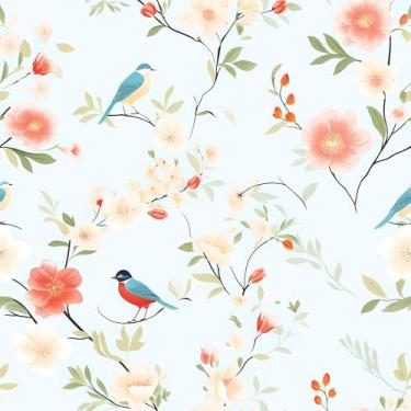 Imagem de EaseStick Papel de parede floral Blue Bird Stick and Peel Vintage Floral Contact Paper para armários sala de estar 45 cm x 406 cm papel de contato de pássaros removível azul claro mural de parede para