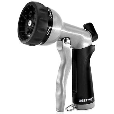 Imagem de RESTMO Bocal de mangueira de jardim, bocal de água de metal resistente com 7 padrões de pulverização ajustáveis, pulverizador manual de alta pressão com controle de fluxo, para regar plantas e