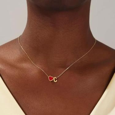 Imagem de Colar feminino com inicial de coração, pingente de letra A a Z, pingente de coração vermelho, joia banhada a ouro, colar de presente personalizado, 18+2in, Aço inoxidável, Sem Pedra Preciosa