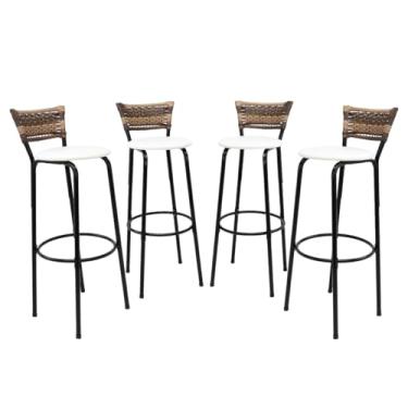 Imagem de Kit 4 Banquetas Altas 80cm Estrutura Preta Encosto Junco Cappuccino Ideal P/Bancada Cozinha Americana Bares Balcão Itagold (Assento Branco)