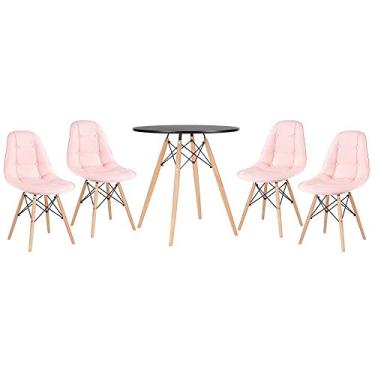 Imagem de Loft7, Kit Mesa Redonda Eames 70 cm Preto + 4 Cadeiras Eames Botonê, PU sintético, Aço e Madeira, Escritório, Sala de Estar e Sala de Jantar - Rosa