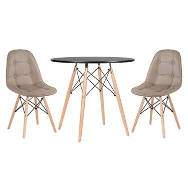 Imagem de Loft7, Kit - Mesa redonda Eames 80 cm preto + 2 cadeiras estofadas Eiffel Botonê Nude
