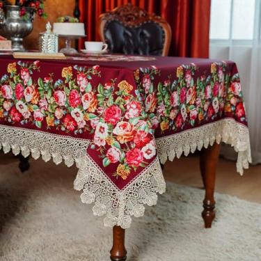 Imagem de SUTAVIA Toalhas de mesa de renda floral, impermeável, retangular, toalha de mesa lavável para casa, férias, dia de Ação de Graças, mesa de jantar (vinho, 132 x 178 cm)