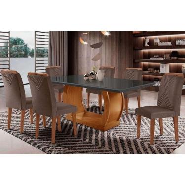 Imagem de Conjunto Sala de Jantar Jade Tampo Madeirado c/ Vidro Curvo 180x90 e 6 Cadeiras Amsterdã Madeira Maciça Imbuia/Grafite - Capuccino/Suede Capuccino-Ruf