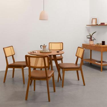Imagem de Conjunto Mesa de Jantar Square Laminada Redonda Natural - 88cm + 4 Cadeiras Lalá Encosto Palha Creme - Cognac Conjunto Mesa Jantar Square Laminada Redonda 88cm Natural + 4 Cadeiras Lalá Encosto Palha Creme Assento Pu Whisky (B212)