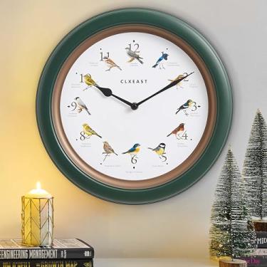 Imagem de CLXEAST Relógio de parede pássaro cantante de 33,3 cm, acabamento verde floresta