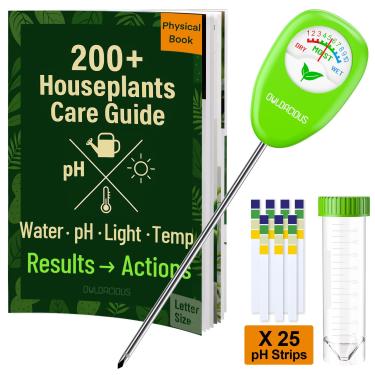 Imagem de Owldacious Medidor de umidade do solo para plantas – Inclui mais de 200 guias de plantas domésticas (tamanho carta), 25 tiras de teste de pH e tubo de amostra. Medidor de água para plantas internas e