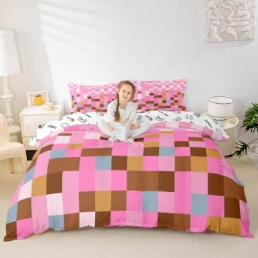 Imagem de Capa de edredom de grade pixelada, quadriculada geométrica, quadrada, rosa, para presente de quarto de meninas e adolescentes, jogo de cama decorativo com 2 fronhas (sem edredom), tamanho casal