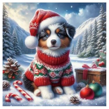 Imagem de Kulvci Kits de pintura de diamante de cachorro de Natal para adultos, kits de arte de diamante de broca completa, 5D faça você mesmo, diamantes artesanais para decoração de parede de casa, presentes