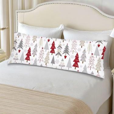 Imagem de Capa de travesseiro de corpo de Natal 51 x 137 cm longa fronha retangular com fecho de envelope, protetor de capas de almofadas lombares de árvore de Natal, capa de almofada decorativa vermelha cinza
