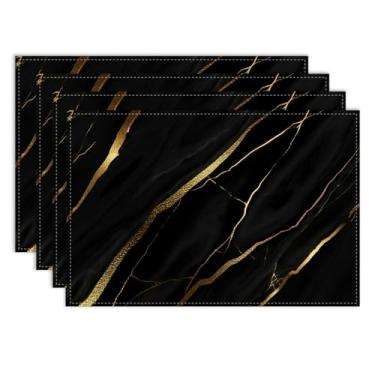 Imagem de Jogo americano de mármore dourado preto, conjunto de 6, 30,5 x 45,7 cm, estampa de textura listrada rústica, abstrato, moderno, tapete de mesa de café, decoração de mesa de jantar