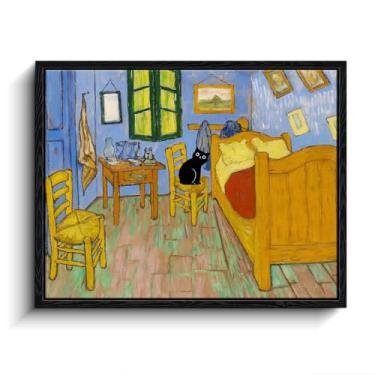Imagem de Arte emoldurada de gato preto, arte de parede Van Gogh – tela de quarto gatinho em Arles, arte de parede engraçada de gato preto, pôsteres de arte eclética para quarto, sala de estar, banheiro