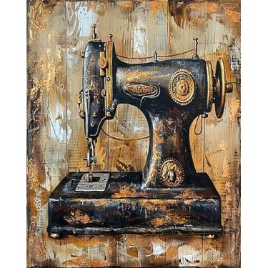 Imagem de VNUIEHG Pintura por números para adultos, máquina de costura vintage retrô, pintura por número em tela, pintura a óleo faça você mesmo para decoração de parede de casa, 40 x 50 cm, sem moldura