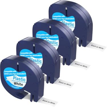 Imagem de Pacote com 4 refis para etiquetadora dymo compatível com DYMO LetraTag Label Maker refil 91331 fita plástica branca 12 mm x 4 m (1/5.1 cm x 13') para Labeler Letra Tag 200B LT 100H 100T Plus