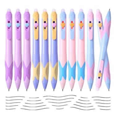 Imagem de ArvezVoy 12 peças de canetas de gel apagáveis retráteis, ponta fina de 0,5 mm, caneta de tinta preta com borracha, aderência confortável para escrita suave, anotações, agenda, palavras cruzadas (tinta