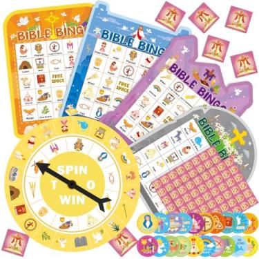 Imagem de Cartas de jogo de bingo bíblico para adultos, 24 jogadores, conjuntos de jogos com tema bíblico, cartões de bingo de cruz cristã com adesivos de recompensa para mesa giratória para atividades em casa
