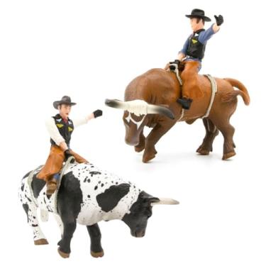 Imagem de Little Buster Toys - Cavaleiro e Touro Castanho e Touro Preto e Branco - 2 Pack de Miniaturas Realistas