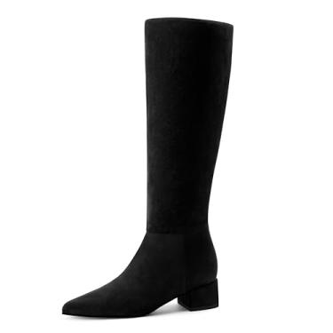 Imagem de Adrizzlein Botas de cano alto para mulheres, salto grosso, bico fino, zíper lateral, botas altas, sem fecho, para casamento, Camurça preta, 38