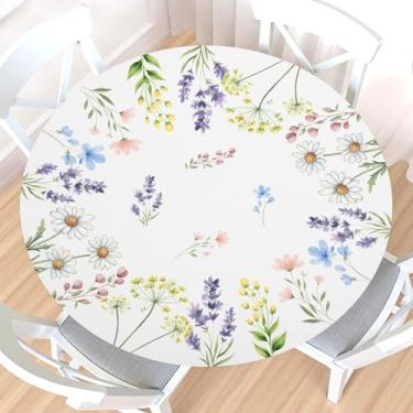 Imagem de Toalha de mesa redonda floral primavera verão com borda elástica, resistente à água, limpável, branca, flores silvestres, toalha de mesa elástica de 101,6 a 112 cm para jantares internos e externos