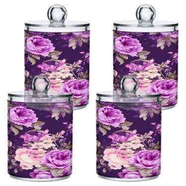 Imagem de ATTX Dispensador de suporte Qtip de rosas roxas para bola de algodão, cotonete, frasco de boticário de plástico transparente, pote de armazenamento de cozinha para decoração de casa, pacote com 4 (306