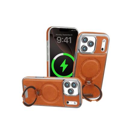 Imagem de SFDSUH Capa de couro premium com suporte giratório de metal e fecho magnético para iPhone 16e (para iPhone 16e/marrom)